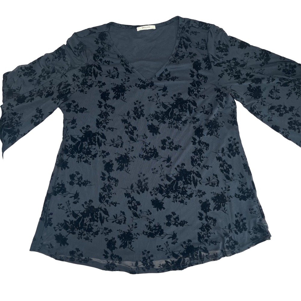 Bebonnie Mesh Top Womens Large Black Floral Velvet Burnout Bell Sleeve Gothic